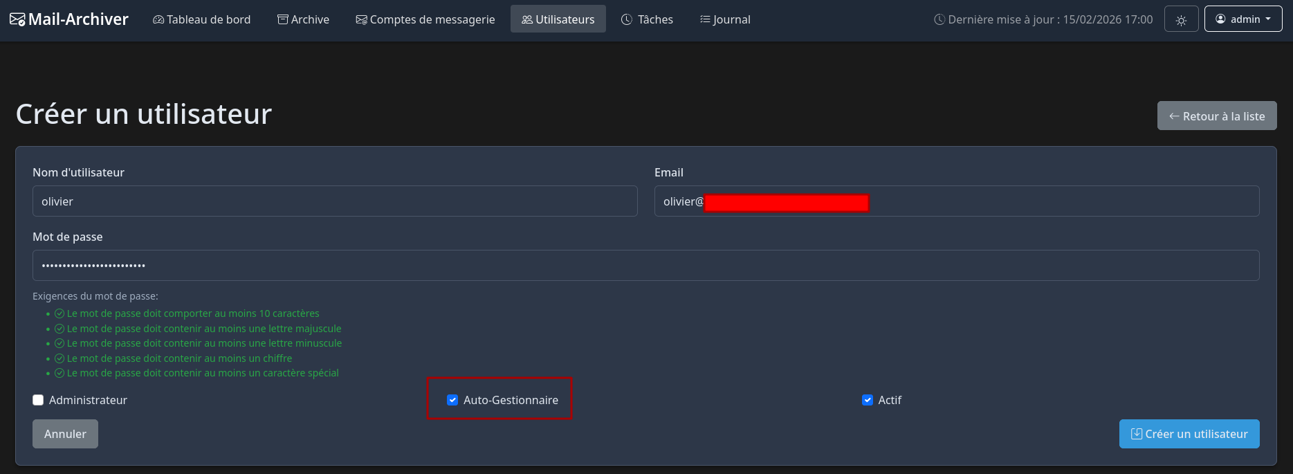 Création d'un utilisateur Auto-Gestionnaire