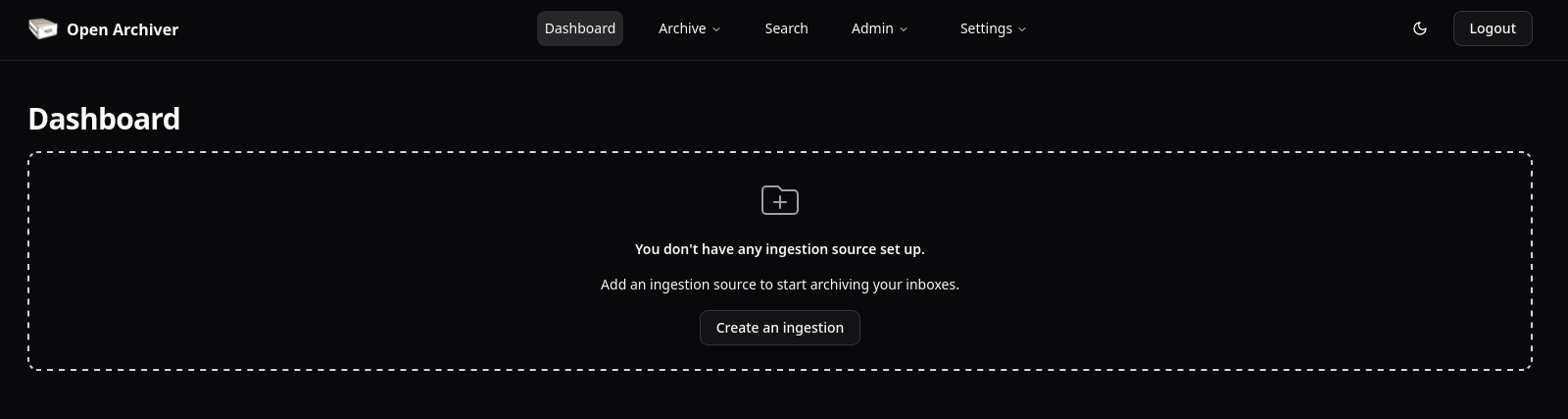Tableau de bord invitant à la création d'une ingestion