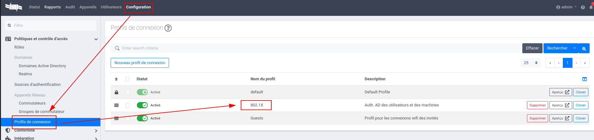 Configuration profil de connexion
