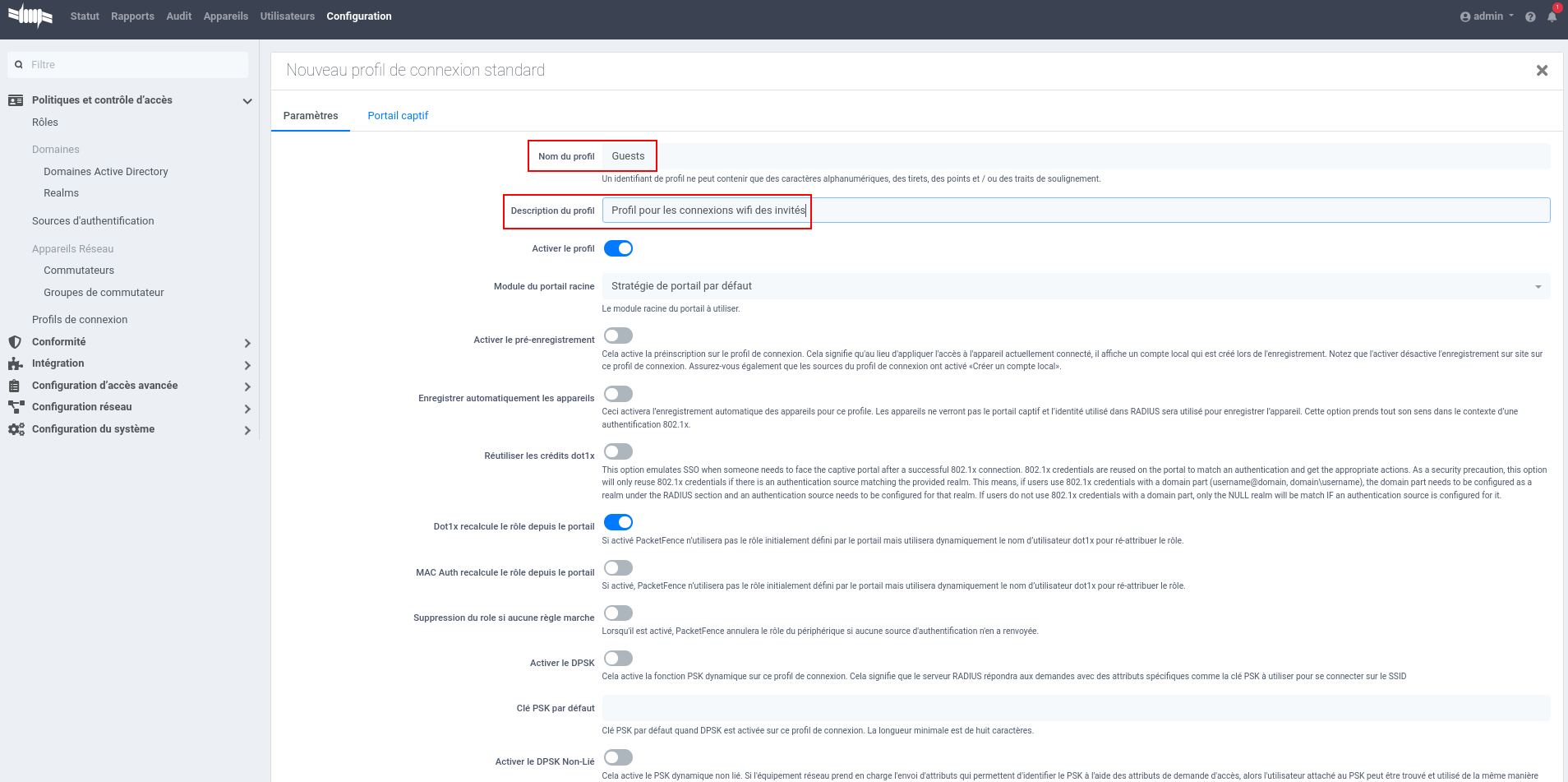 Configuration WiFi Guest Profil de connexion PacketFence